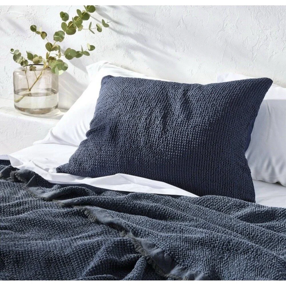 SET! King Textured Waffle Coverlet & 2 King Shams Dark Mineral Blue Casaluna
